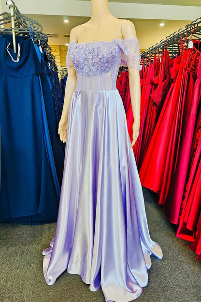 A-Line Off-the-Shoulder Long Prom Dress With 3D Floral