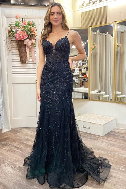 Deep V Neck  Lace-Up Trumpet Prom Dress With Applique