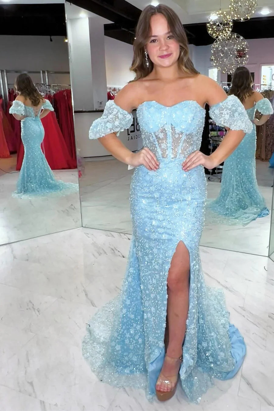 Off-the-Shoulder Mermaid Long Prom Dress with 3D Floral Lace ﻿