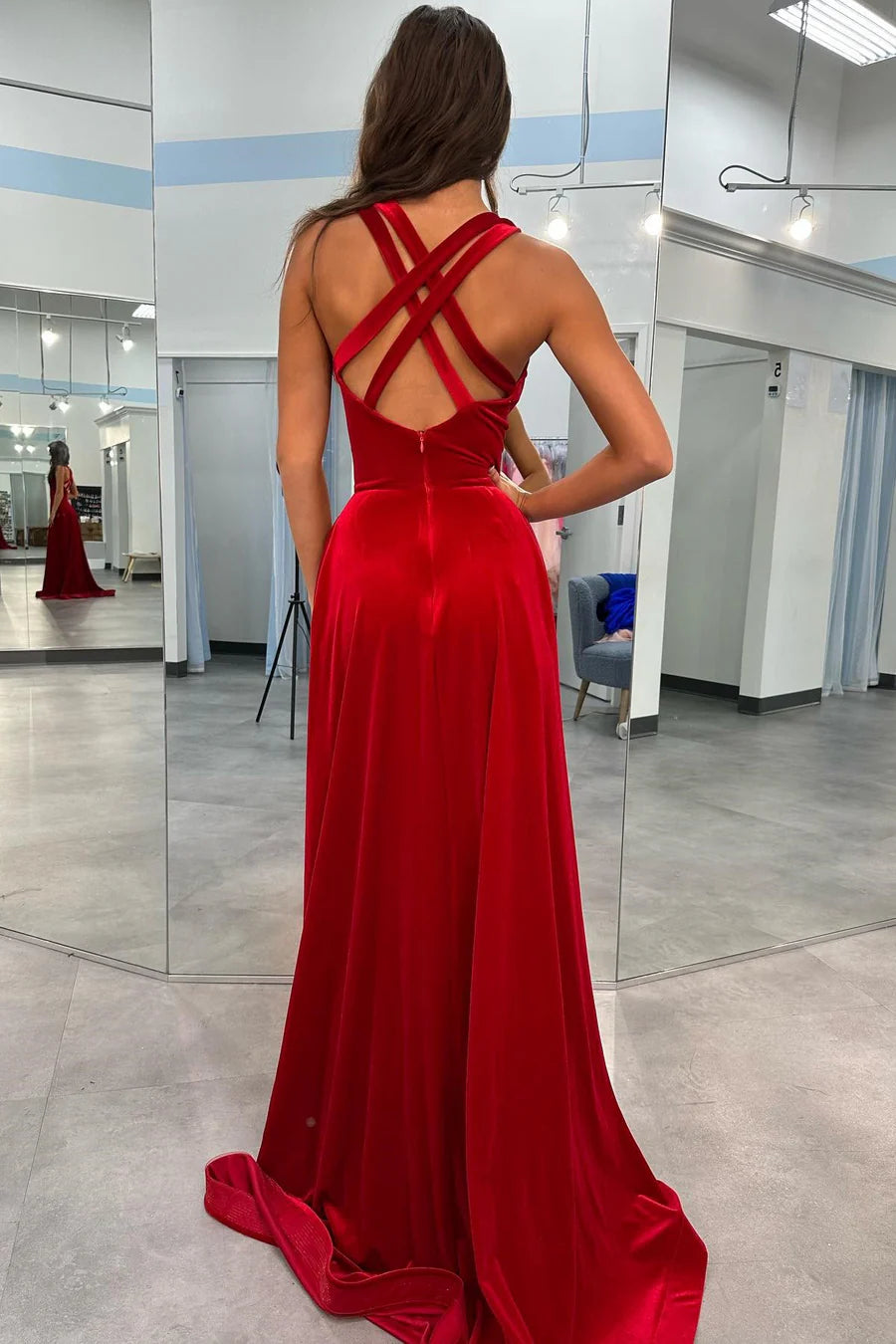 A-Line Velvet Deep V Neck Cross Back Prom Dress