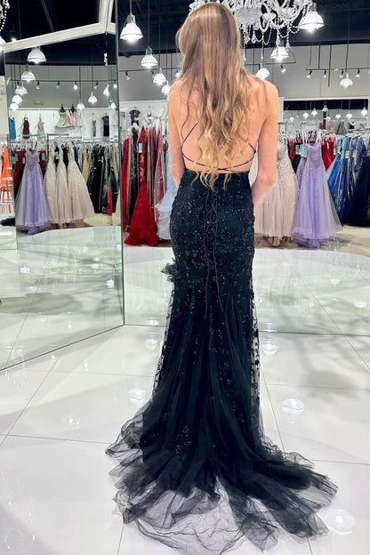 Scoop Neck Lace-Up Mermaid Prom Dress With Applique
