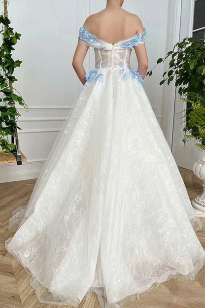 Off the Shoulder White Tulle Long A-Line Prom Dress