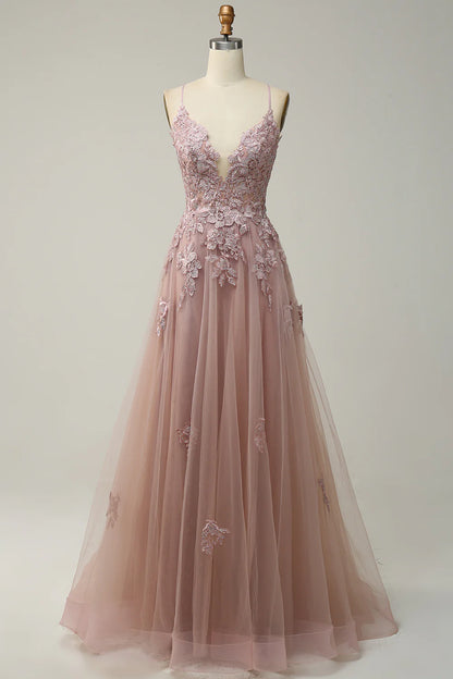 Spaghetti Straps Appliques Tulle Prom Dress