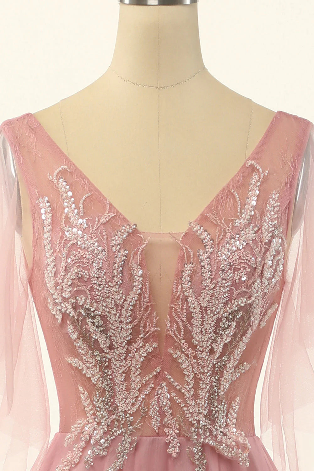 V Neck Open Back Beading Tulle A-Line Prom Dress