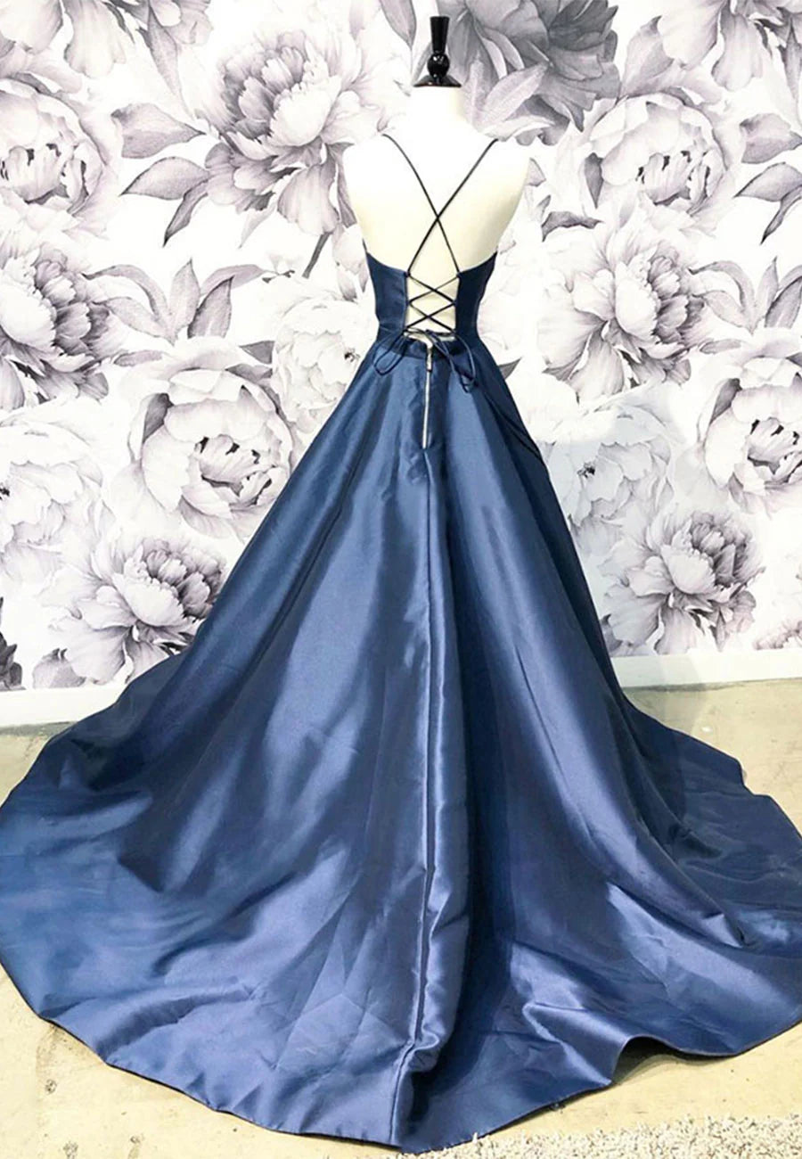 Simple V-Neck Blue Satin Long A-Line Prom Dress