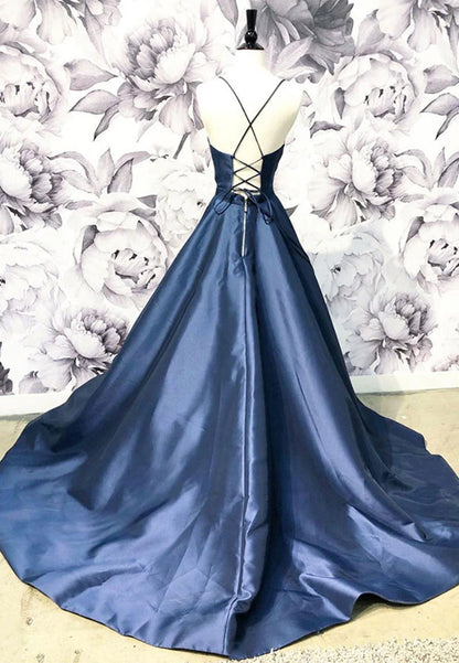 Simple V-Neck Blue Satin Long A-Line Prom Dress