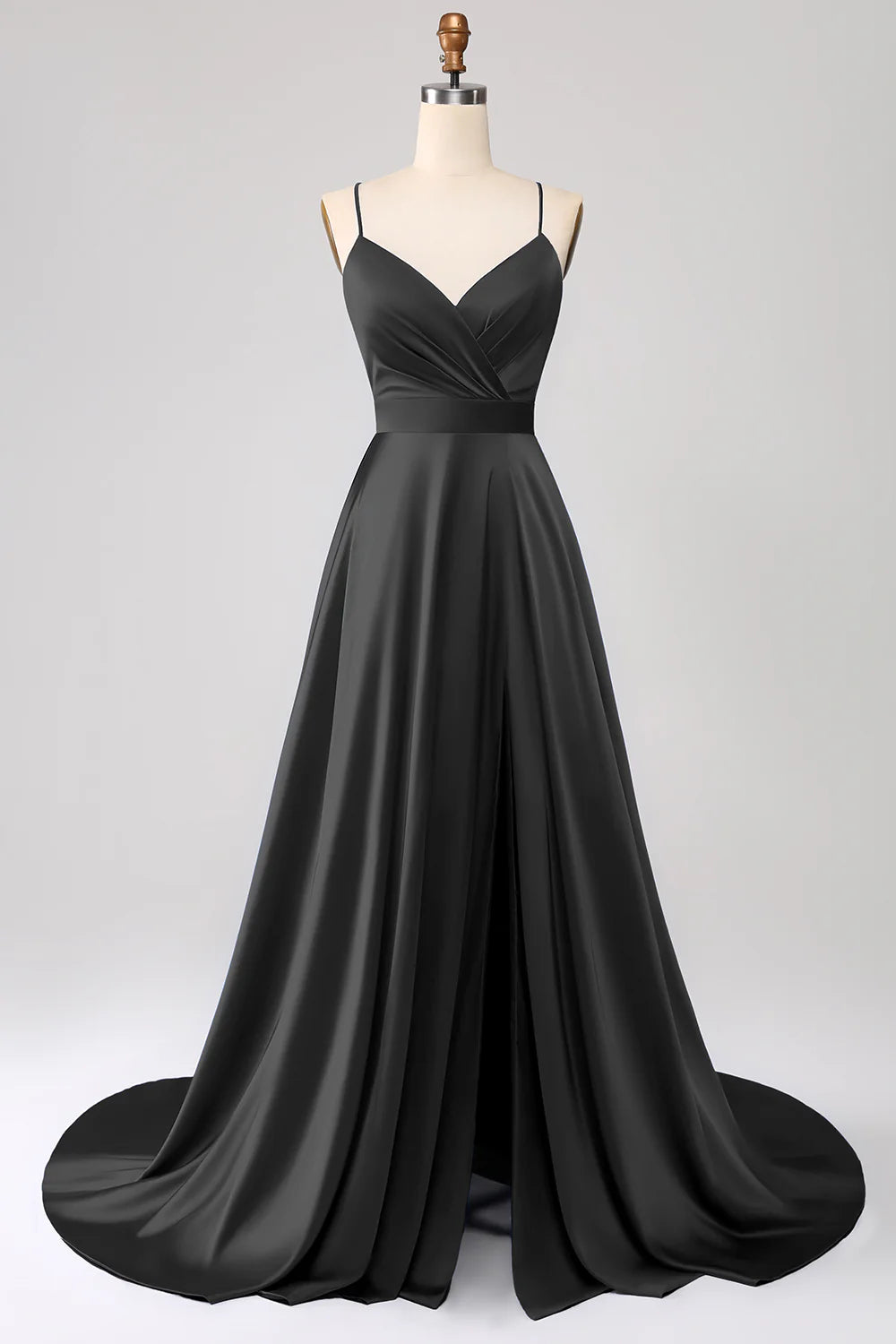 A Line Spaghetti Straps Satin Prom Dress With Slit