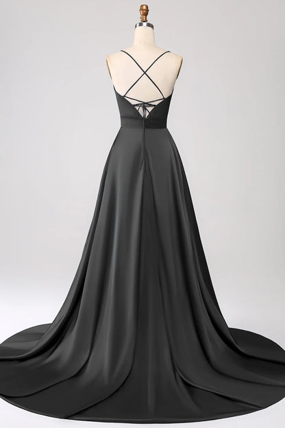 A Line Spaghetti Straps Satin Prom Dress With Slit