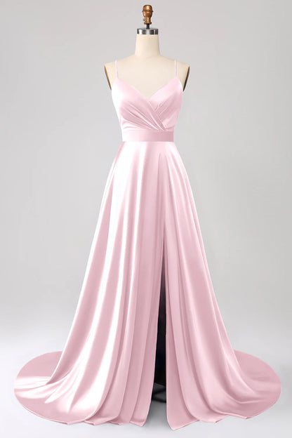 A Line Spaghetti Straps Satin Prom Dress With Slit