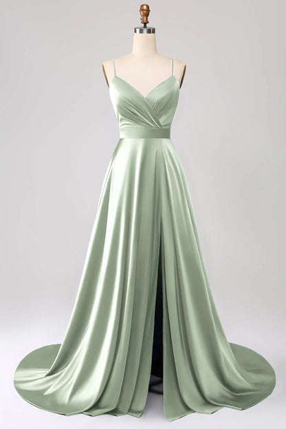 A Line Spaghetti Straps Satin Prom Dress With Slit