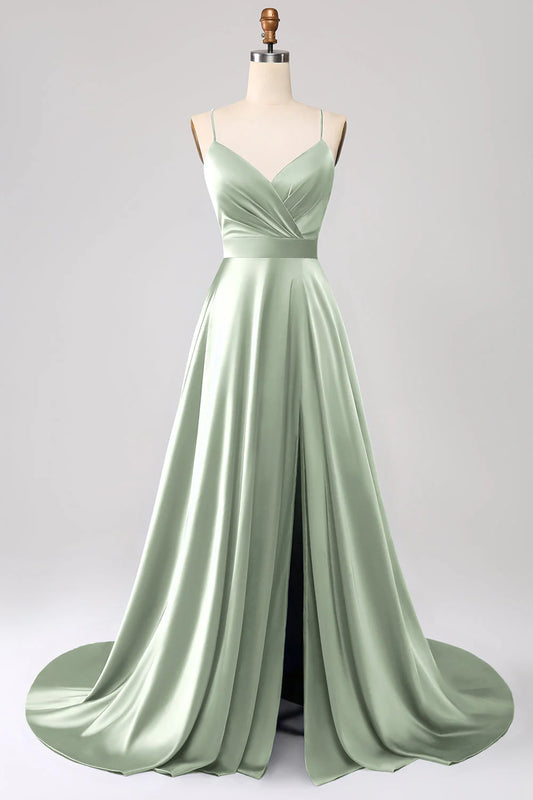 A Line Spaghetti Straps Satin Prom Dress With Slit