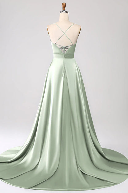 A Line Spaghetti Straps Satin Prom Dress With Slit