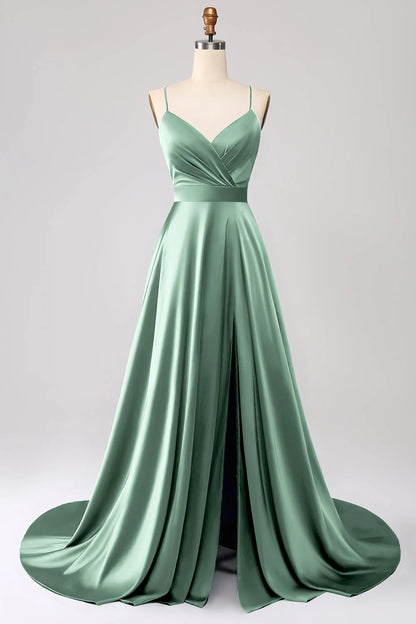 A Line Spaghetti Straps Satin Prom Dress With Slit