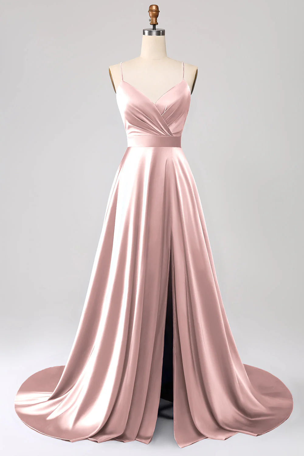 A Line Spaghetti Straps Satin Prom Dress With Slit
