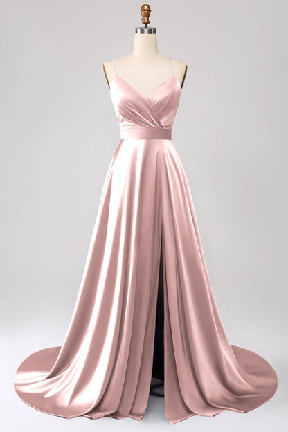 A Line Spaghetti Straps Satin Prom Dress With Slit
