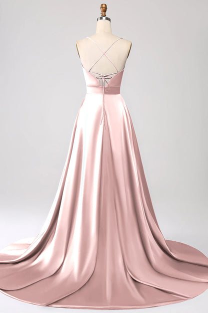 A Line Spaghetti Straps Satin Prom Dress With Slit