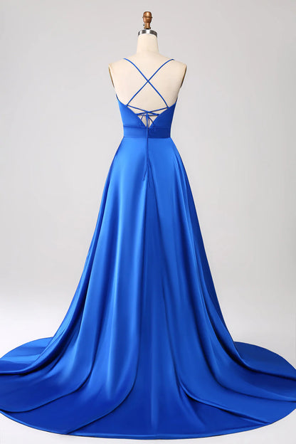 A Line Spaghetti Straps Satin Prom Dress With Slit