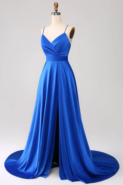 A Line Spaghetti Straps Satin Prom Dress With Slit