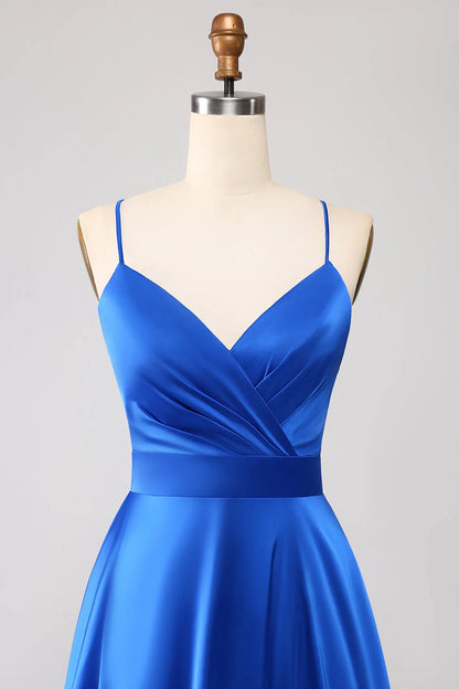 A Line Spaghetti Straps Satin Prom Dress With Slit
