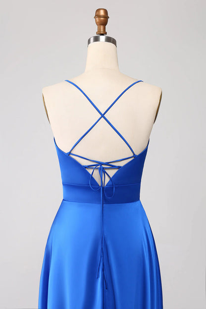 A Line Spaghetti Straps Satin Prom Dress With Slit