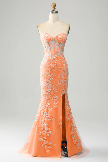 Mermaid Sweetheart Corset Appliques Prom Dress With Side Slit