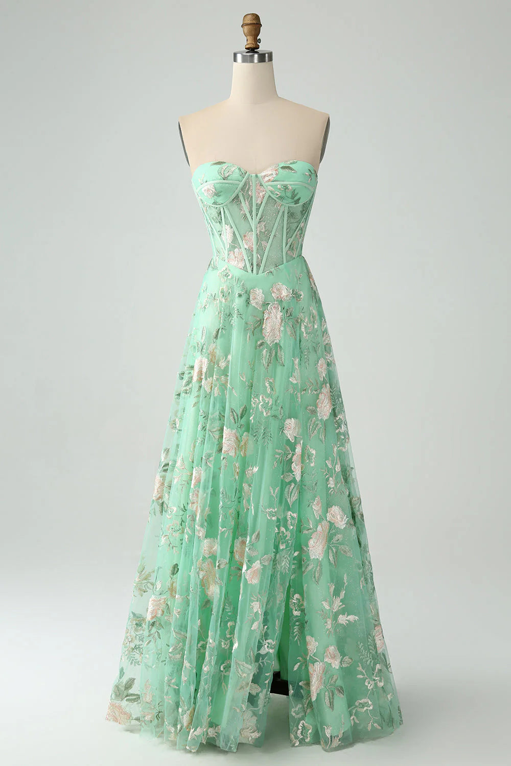 A Line Sweetheart Strapless Printed Corset Prom Dress With Slit