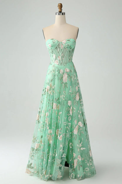 A Line Sweetheart Strapless Printed Corset Prom Dress With Slit