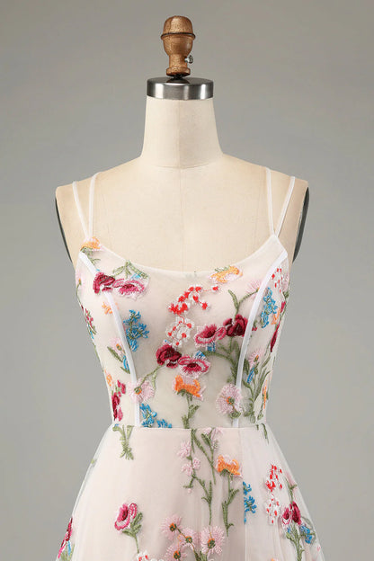 A-Line Spaghetti Straps Corset Long Prom Dress With Slit