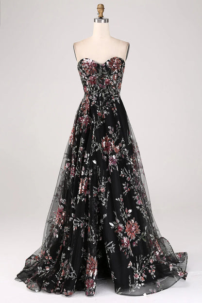 A-Line Flower Sequins Long Corset Prom Dress