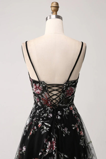 A-Line Flower Sequins Long Corset Prom Dress