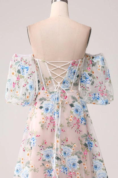 A-Line Flower Off The Shoulder Long Corset Prom Dress