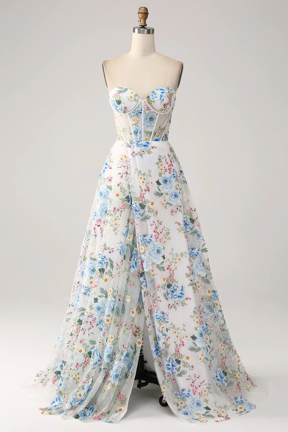 White Blue Flower Flower A-Line Strapless Long Corset Prom Dress