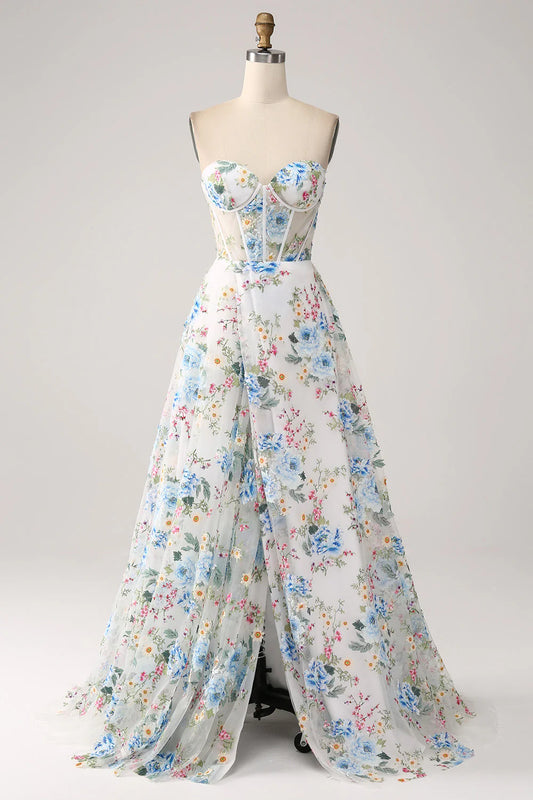 White Blue Flower Flower A-Line Strapless Long Corset Prom Dress