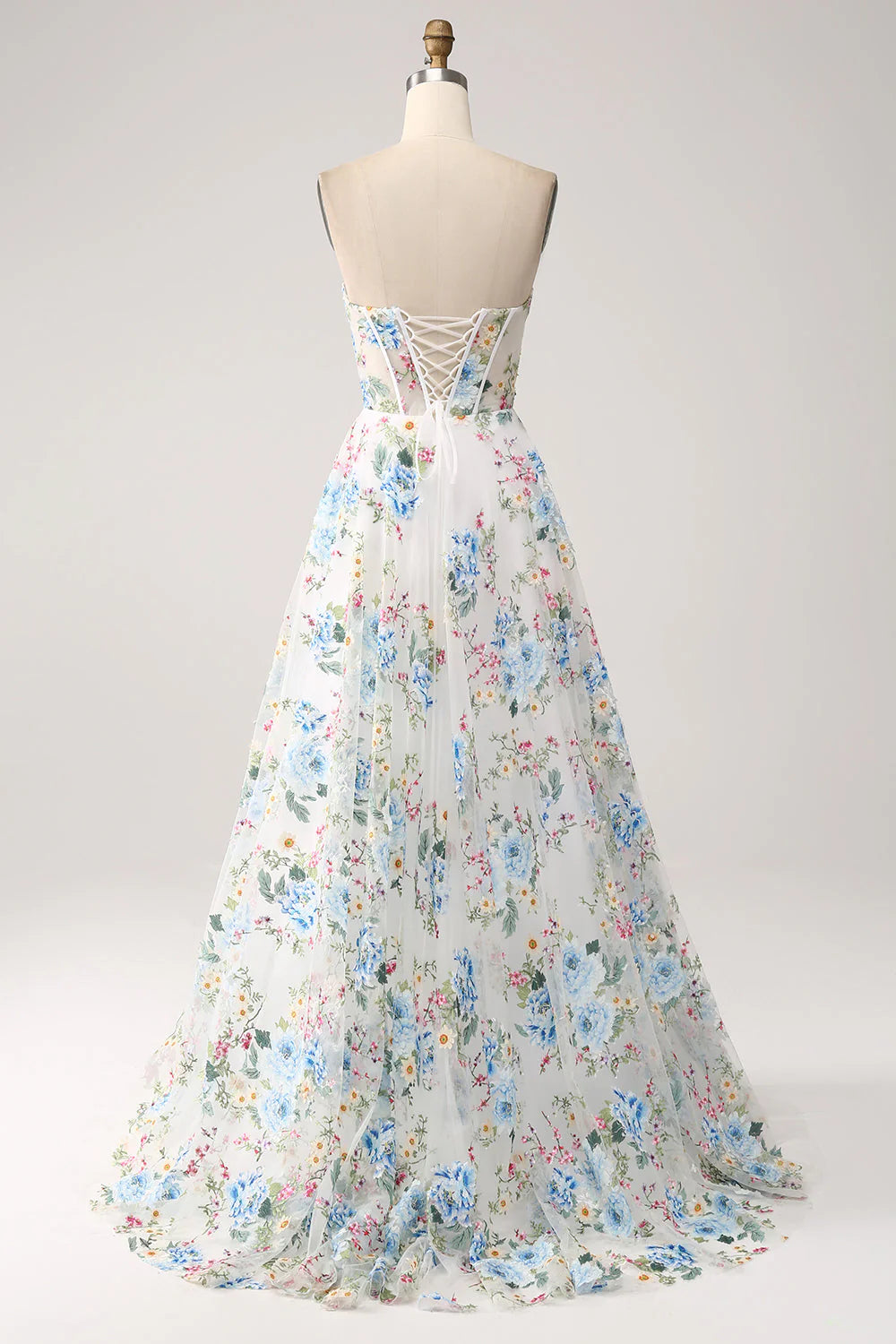 White Blue Flower Flower A-Line Strapless Long Corset Prom Dress