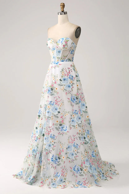 White Blue Flower Flower A-Line Strapless Long Corset Prom Dress