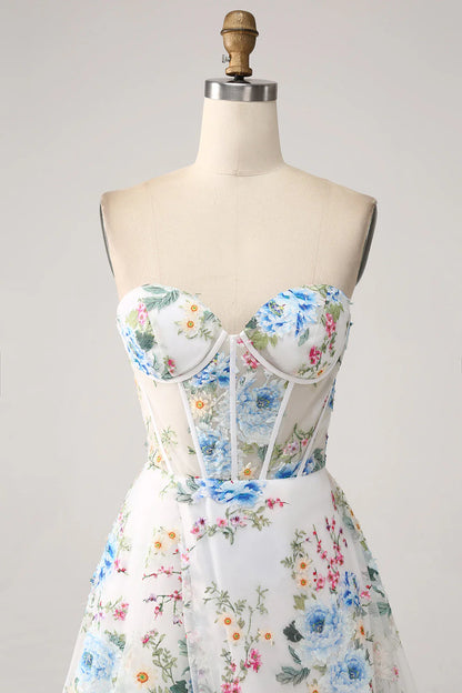 White Blue Flower Flower A-Line Strapless Long Corset Prom Dress