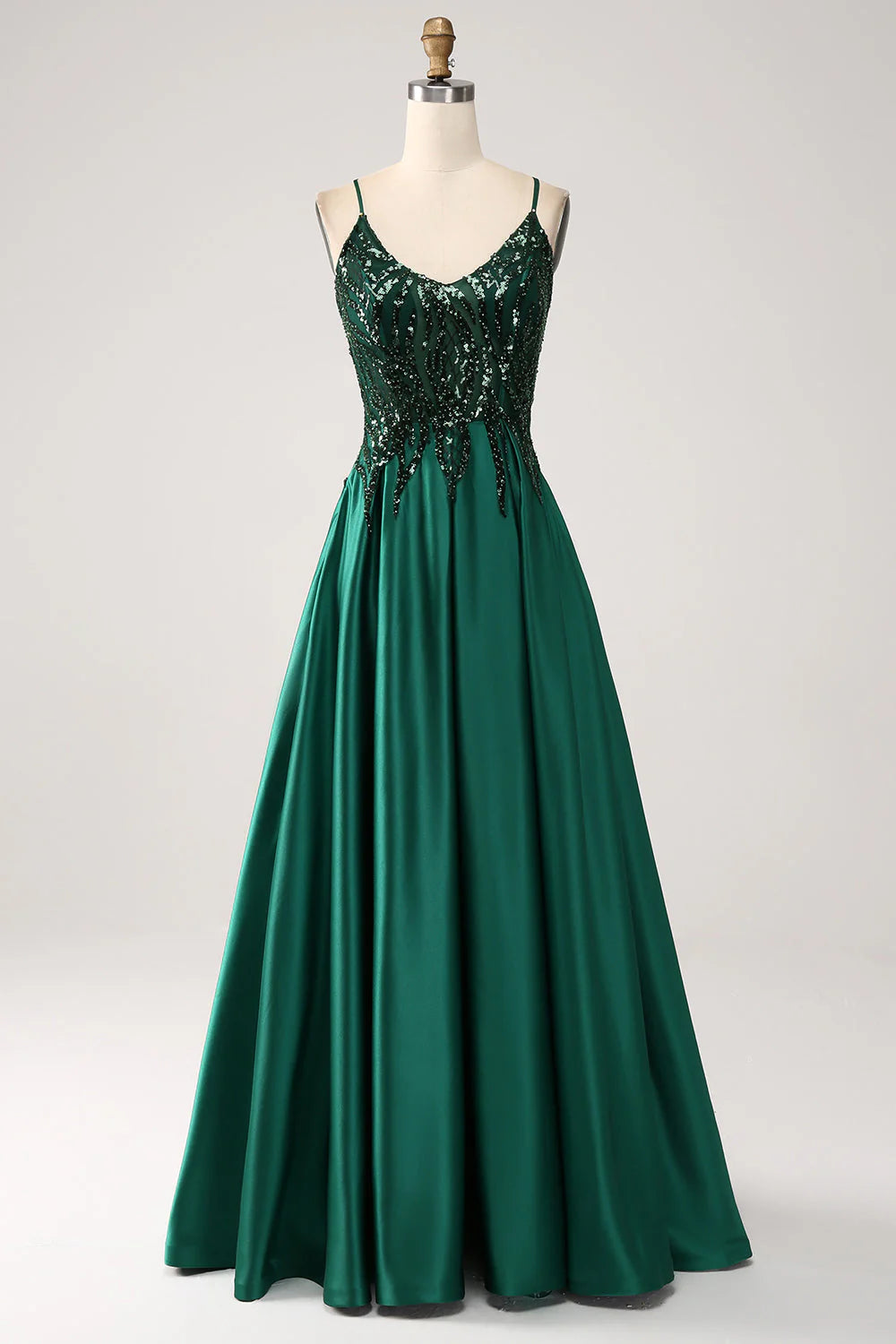 A-Line Spaghetti Straps Dark Green Long Prom Dress