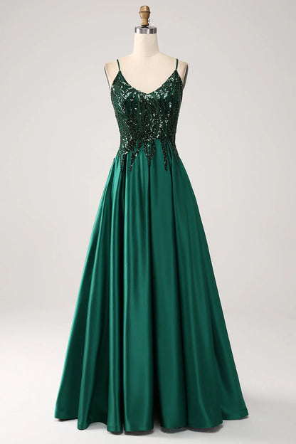 A-Line Spaghetti Straps Dark Green Long Prom Dress