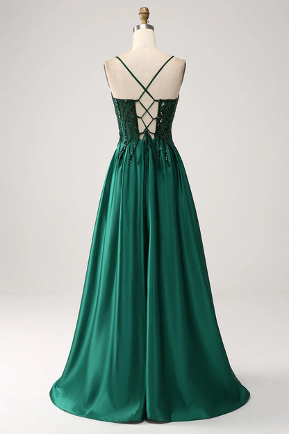 A-Line Spaghetti Straps Dark Green Long Prom Dress