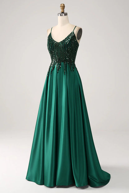 A-Line Spaghetti Straps Dark Green Long Prom Dress