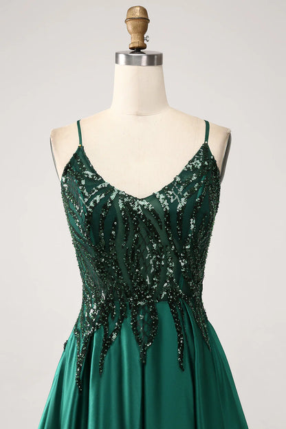 A-Line Spaghetti Straps Dark Green Long Prom Dress