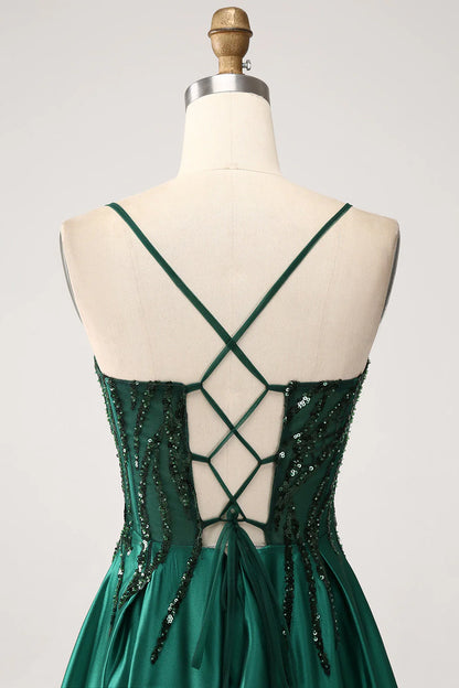 A-Line Spaghetti Straps Dark Green Long Prom Dress