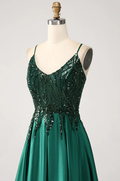 A-Line Spaghetti Straps Dark Green Long Prom Dress