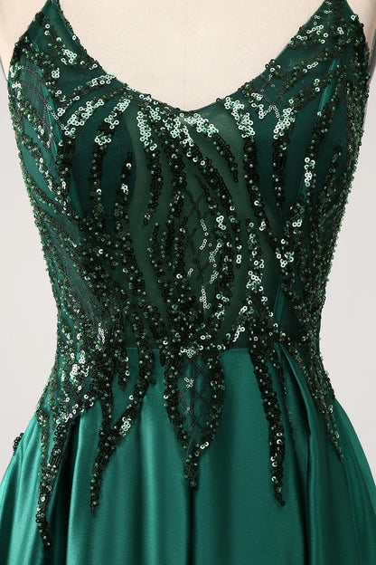A-Line Spaghetti Straps Dark Green Long Prom Dress