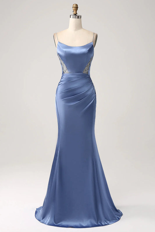 Mermaid Satin Spaghetti Straps Long Prom Dress