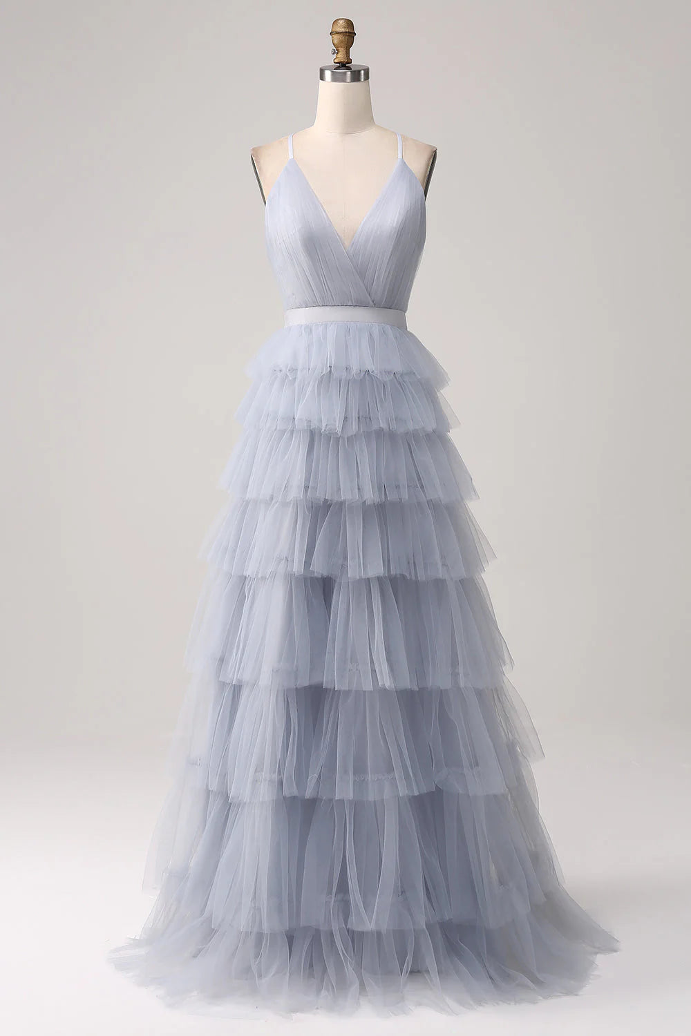 A Line Tiered Tulle Backless Long Prom Dress