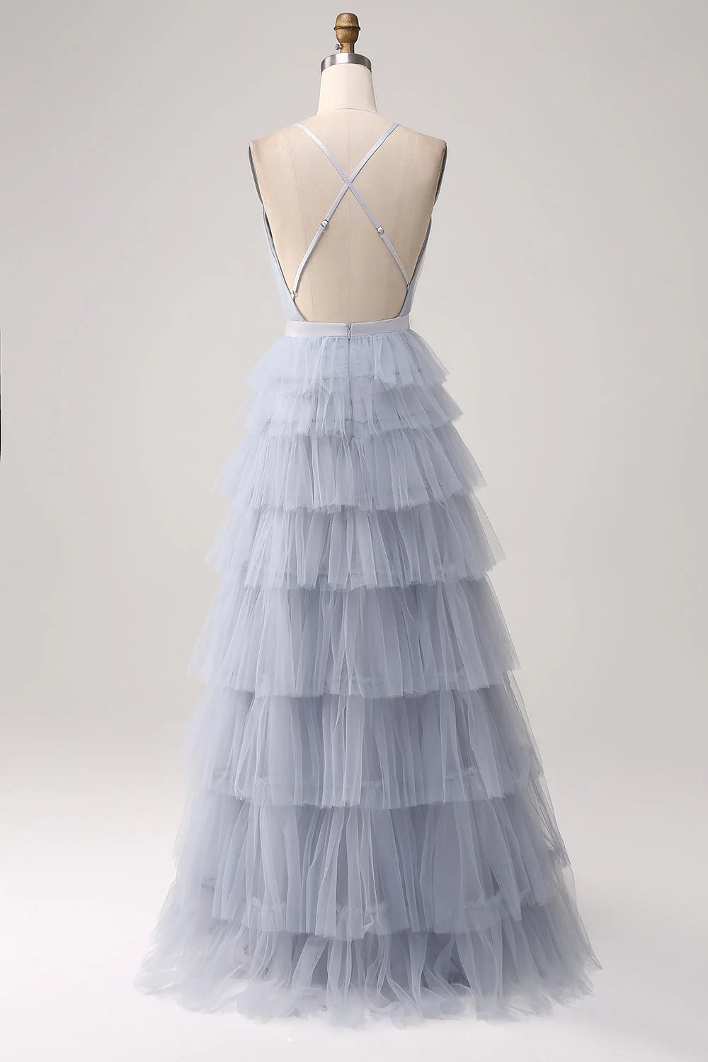 A Line Tiered Tulle Backless Long Prom Dress