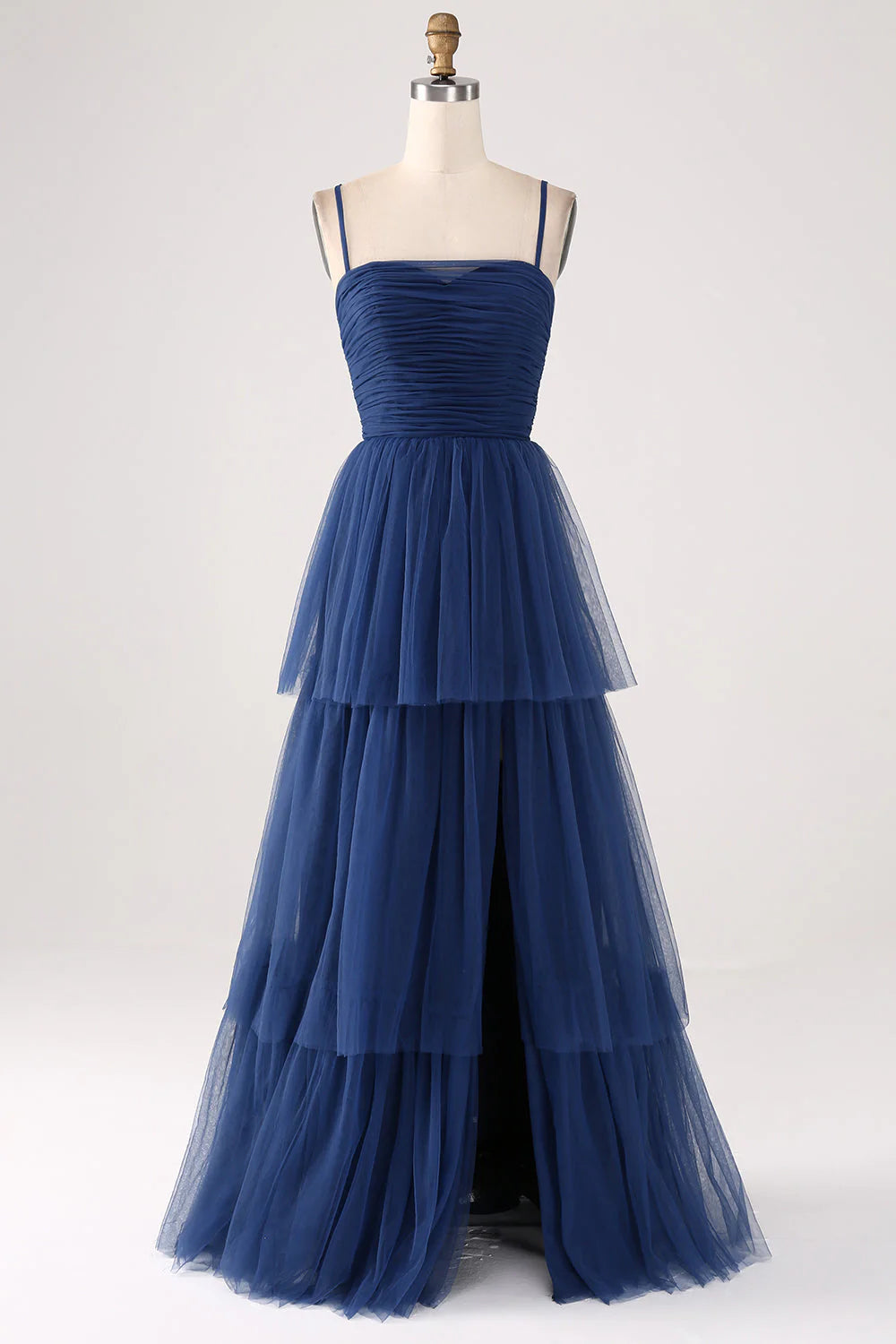 A Line Spaghetti Straps Navy Tiered Tulle Pleated Prom Dress With Slit