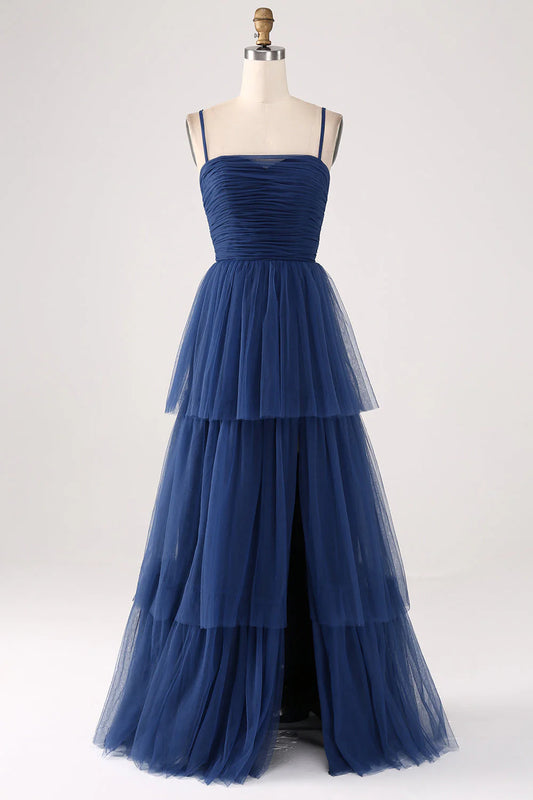 A Line Spaghetti Straps Navy Tiered Tulle Pleated Prom Dress With Slit