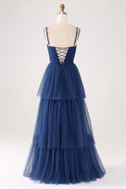 A Line Spaghetti Straps Navy Tiered Tulle Pleated Prom Dress With Slit